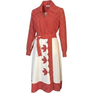 Vintage 1970s Mod Red Polka Dot Midi Wrap Dress Floral Applique Herman Marcus